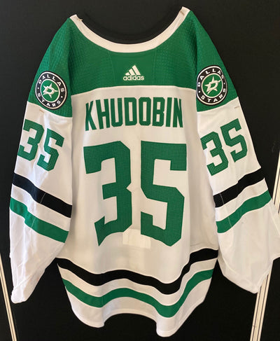 Anton Khudobin 20/21 Away Set 1 Game Worn Jersey in White - Back View
