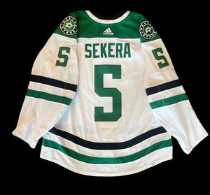 Andrej Sekera 21-22 Game Worn Set 1 Away Jersey in Green and White - Back View