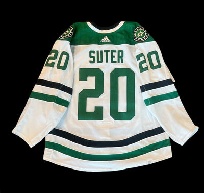 Ryan Suter 21-22 Game Worn Set 1 Away Jersey in Green and White - Back View