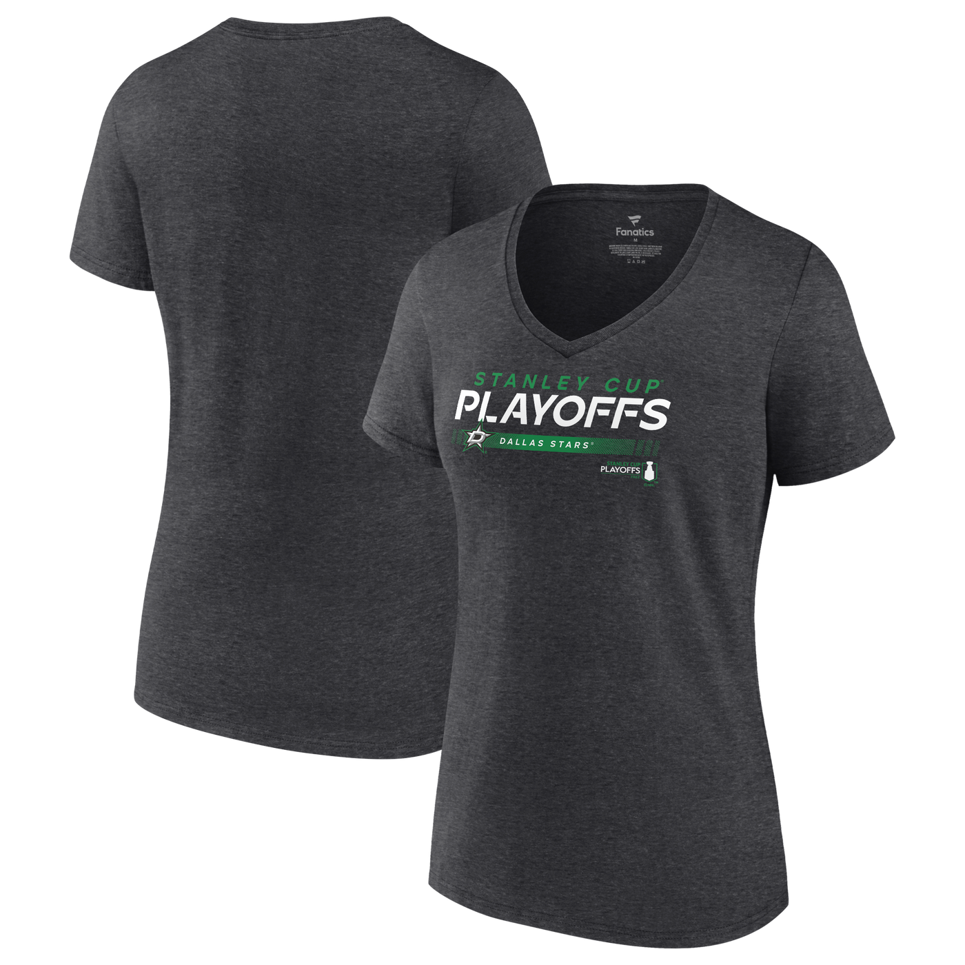 Dallas Stars Fanatics 2022 Playoffs Womens Playmaker S/s Tshirt in Gray - Front and Back View